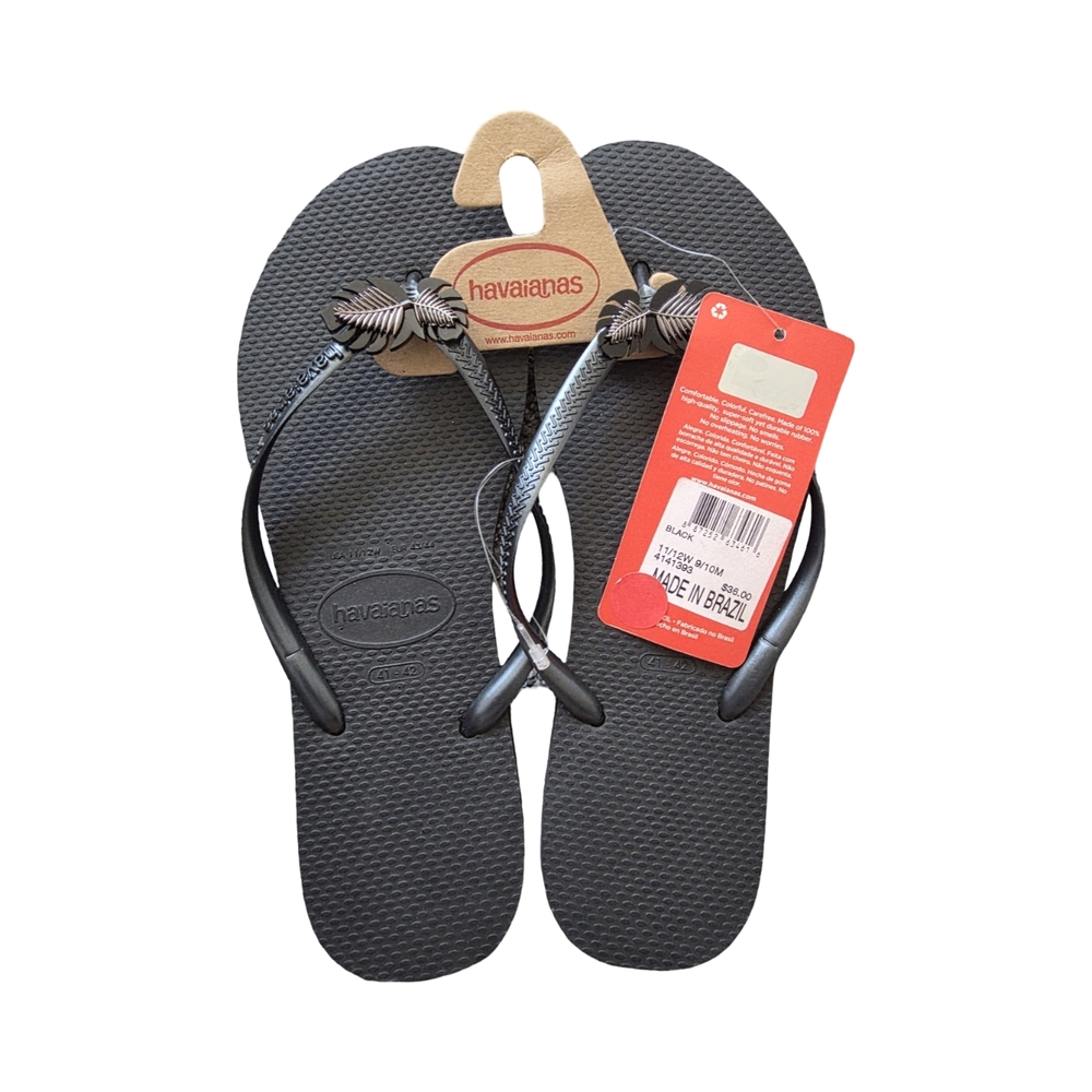 Havaianas Black Flip Flop Sandals with Leaf Detail